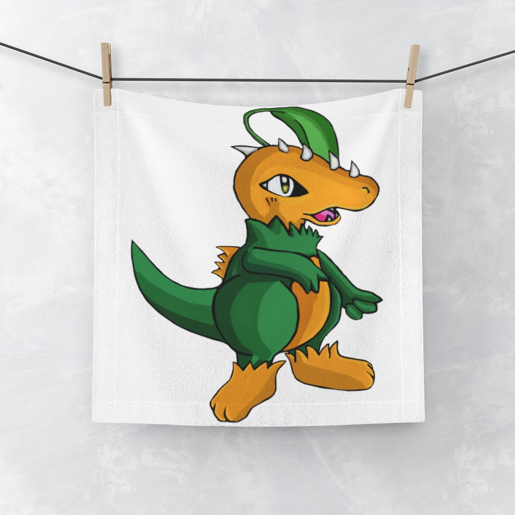 Leafasaur Face Towel featuring a vibrant custom design on a soft polyester front and absorbent cotton back, measuring 13x13 inches.