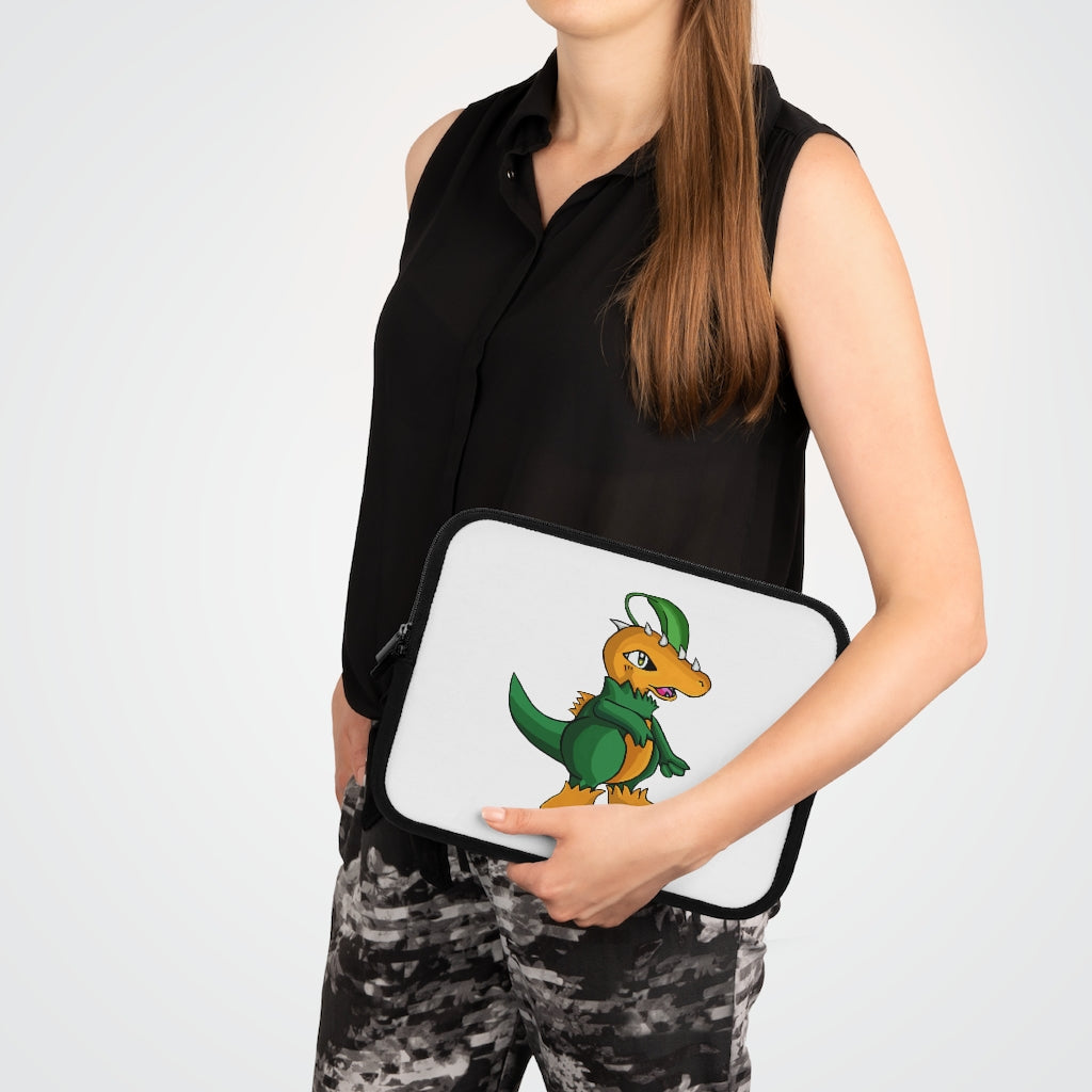 Leafasaur Laptop Sleeve featuring a customizable front design and black polyester back, ideal for protecting laptops.