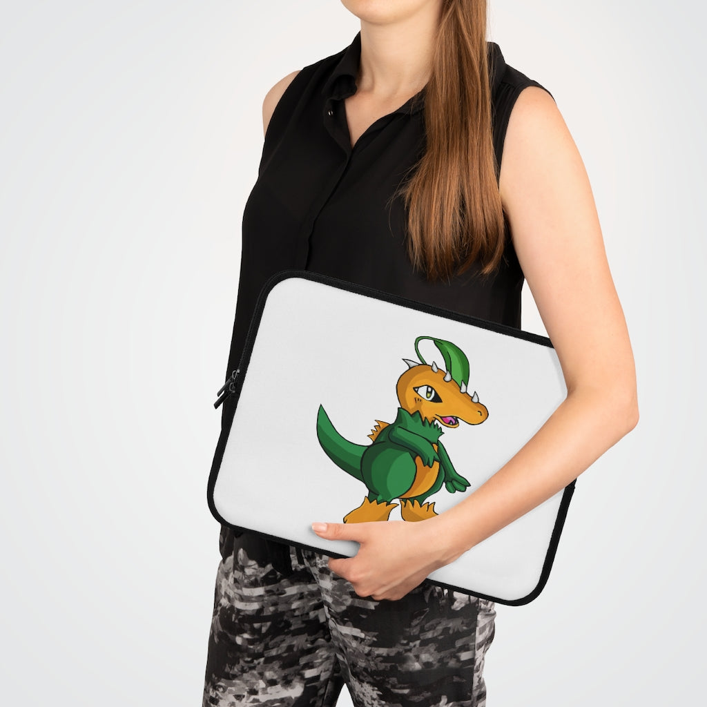 Leafasaur Laptop Sleeve featuring a customizable front design and black polyester back, ideal for protecting laptops.