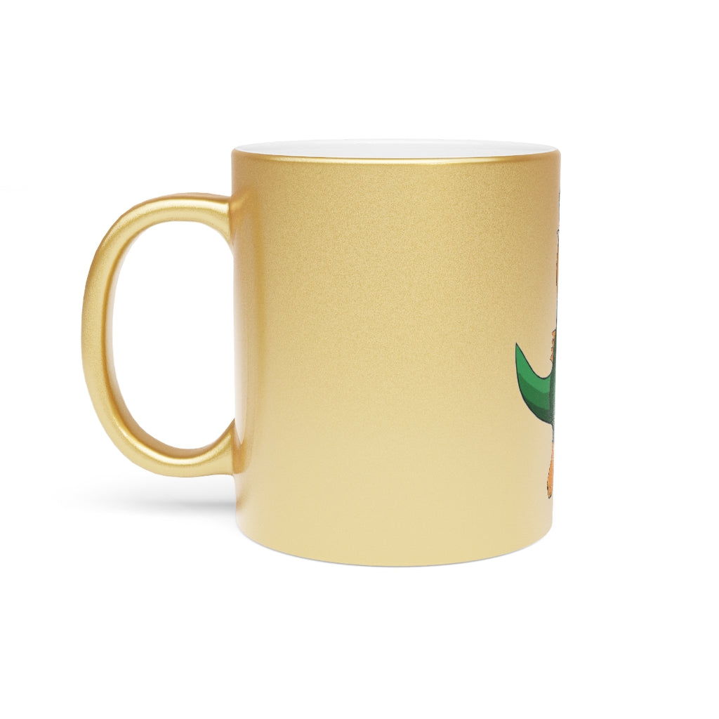 Leafasaur Metallic Mug in Silver and Gold finishes, showcasing personalized designs and a comfortable C-handle.