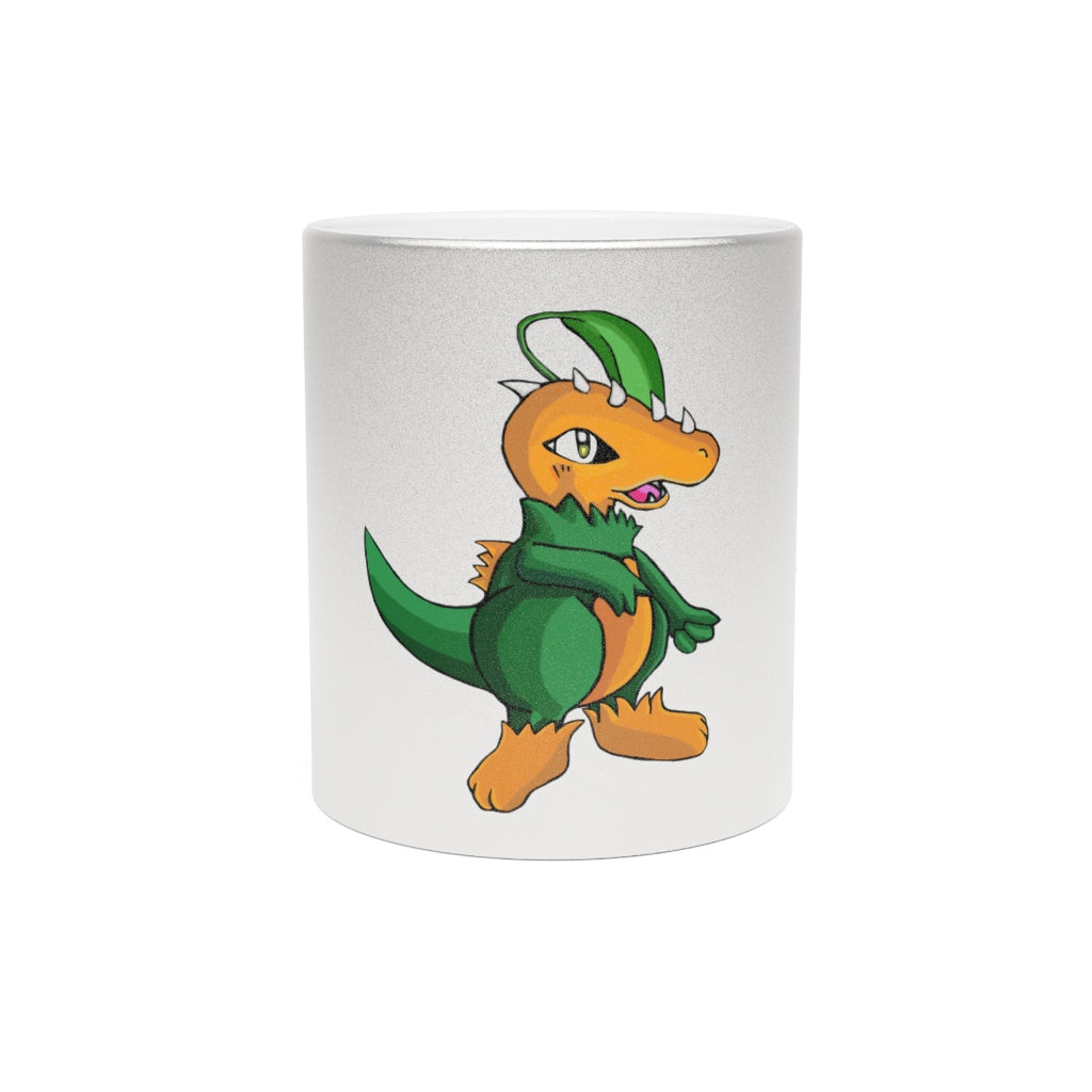 Leafasaur Metallic Mug in Silver and Gold finishes, showcasing personalized designs and a comfortable C-handle.