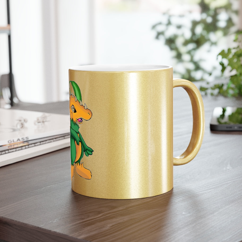 Leafasaur Metallic Mug in Silver and Gold finishes, showcasing personalized designs and a comfortable C-handle.