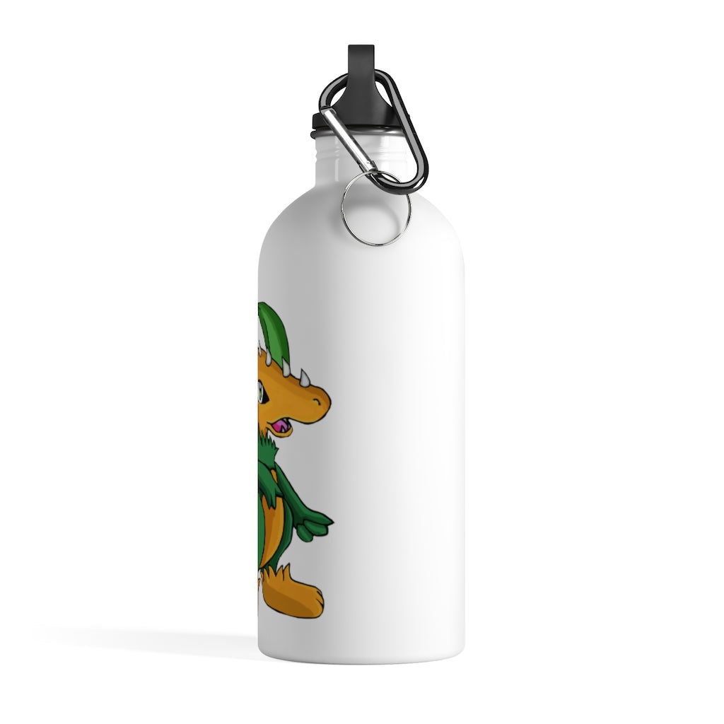 Leafasaur Stainless Steel Water Bottle with a plastic screw top and carabiner, showcasing its sleek design and lightweight construction.