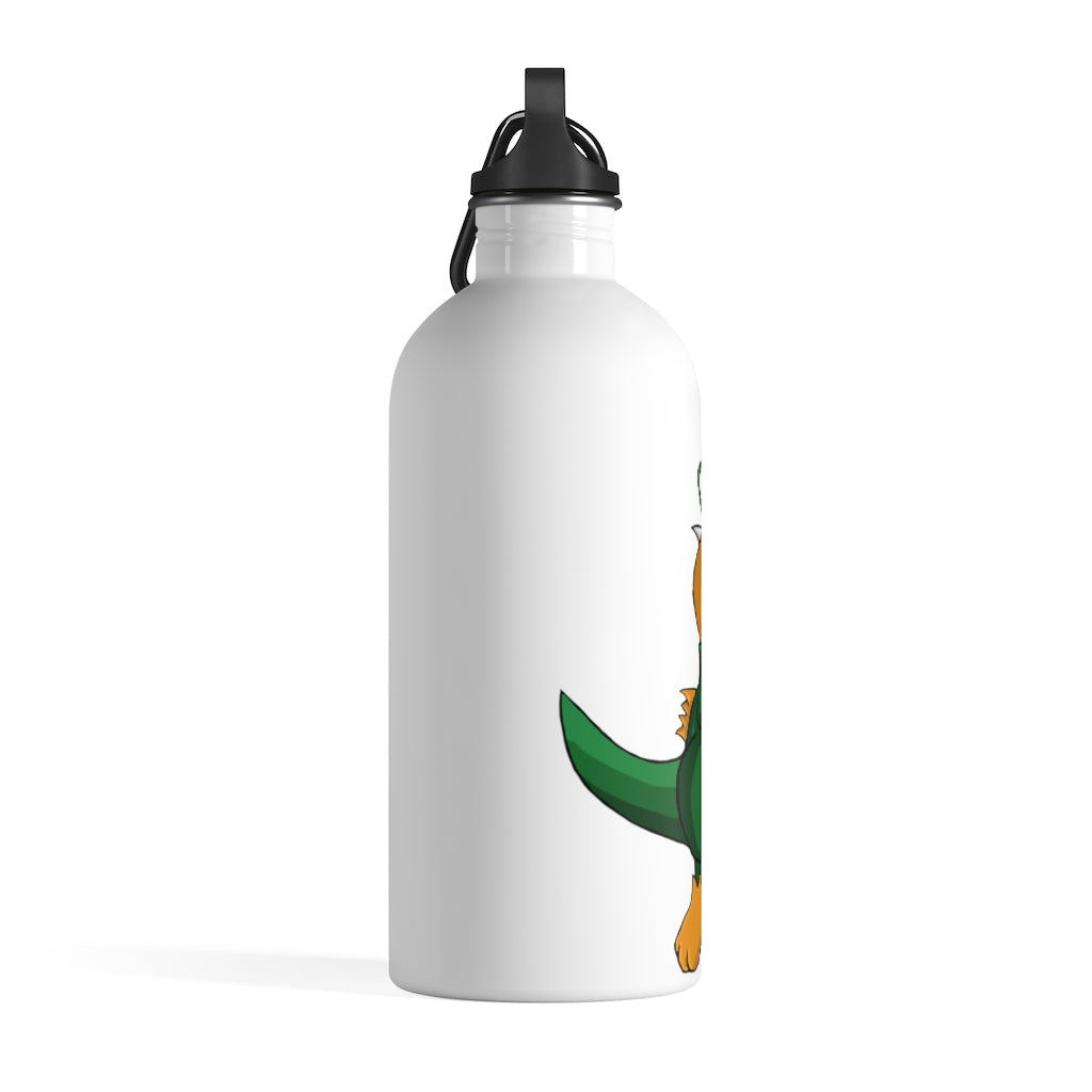 Leafasaur Stainless Steel Water Bottle with a plastic screw top and carabiner, showcasing its sleek design and lightweight construction.