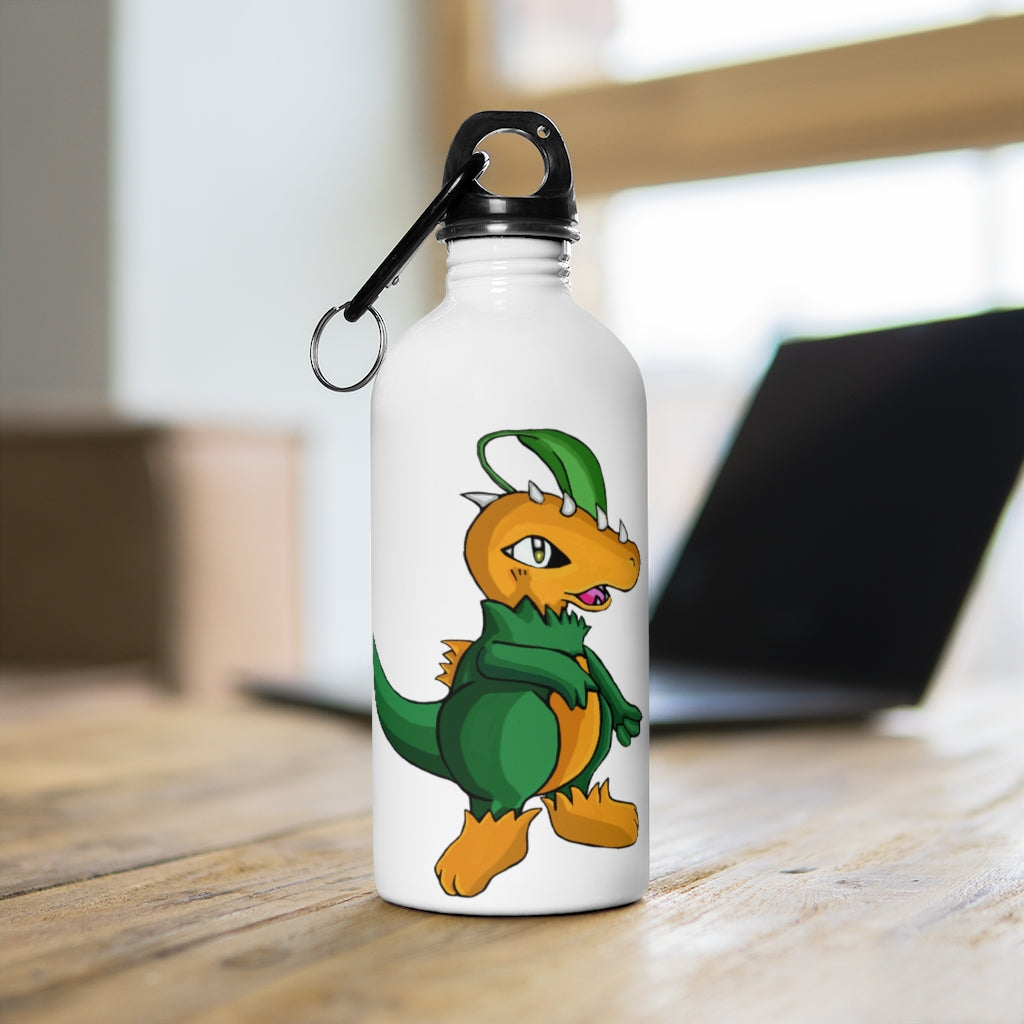 Leafasaur Stainless Steel Water Bottle with a plastic screw top and carabiner, showcasing its sleek design and lightweight construction.