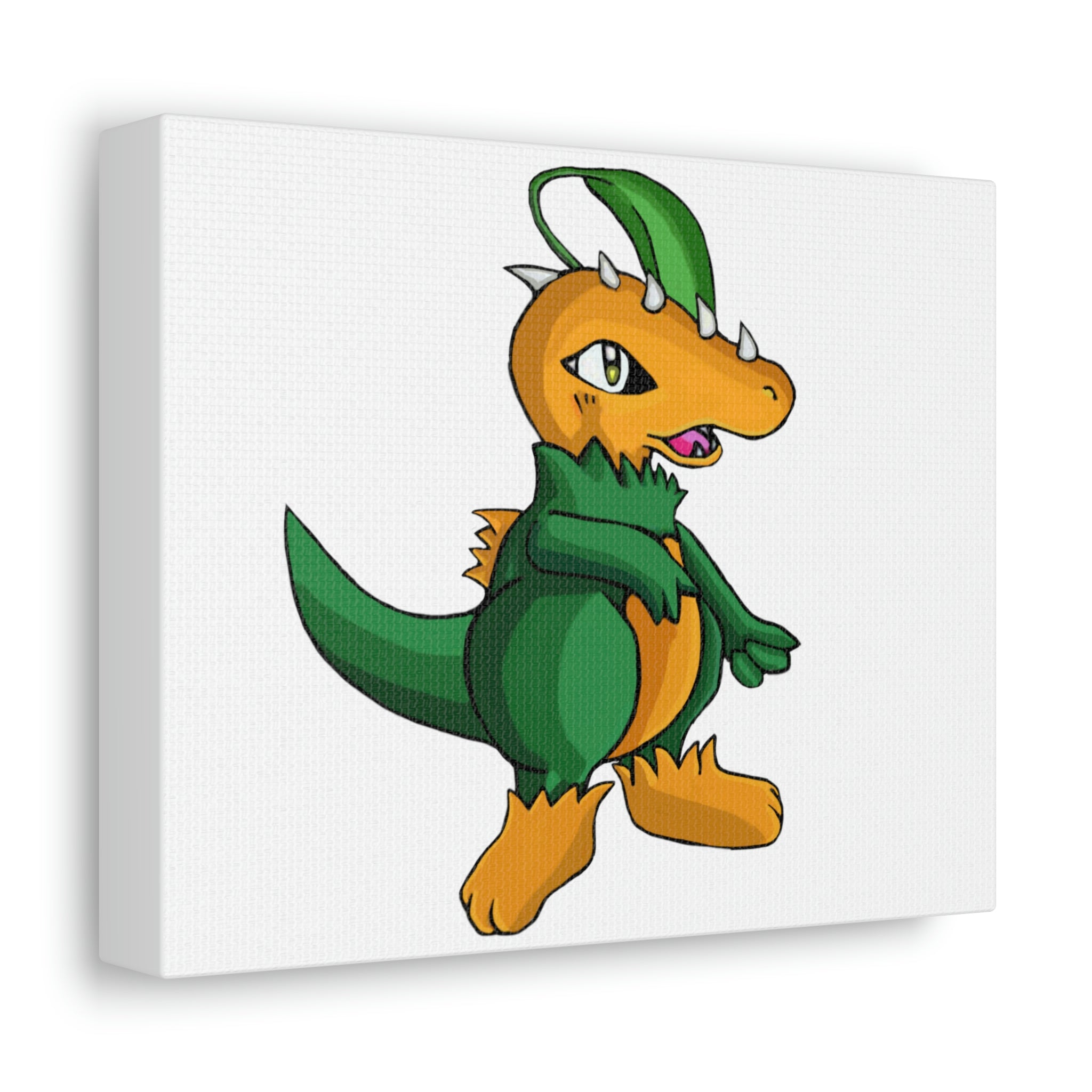 Leafasaur Stretched Canvas featuring vibrant artwork on a durable wooden frame, perfect for indoor decoration.