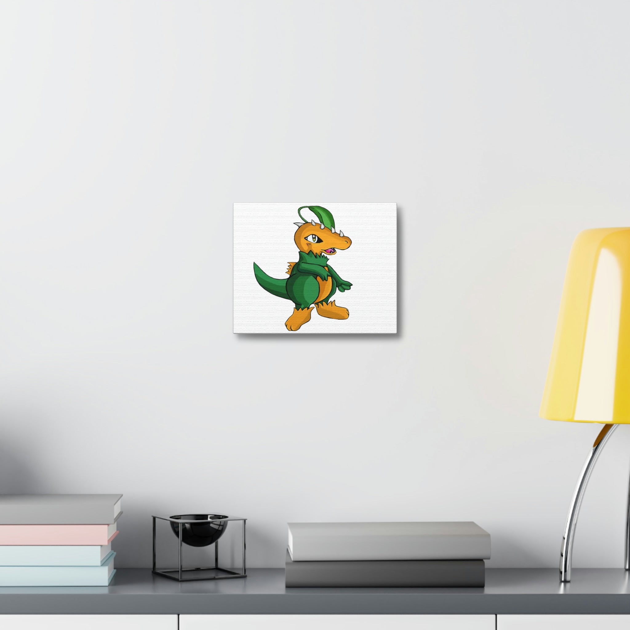 Leafasaur Stretched Canvas featuring vibrant artwork on a durable wooden frame, perfect for indoor decoration.