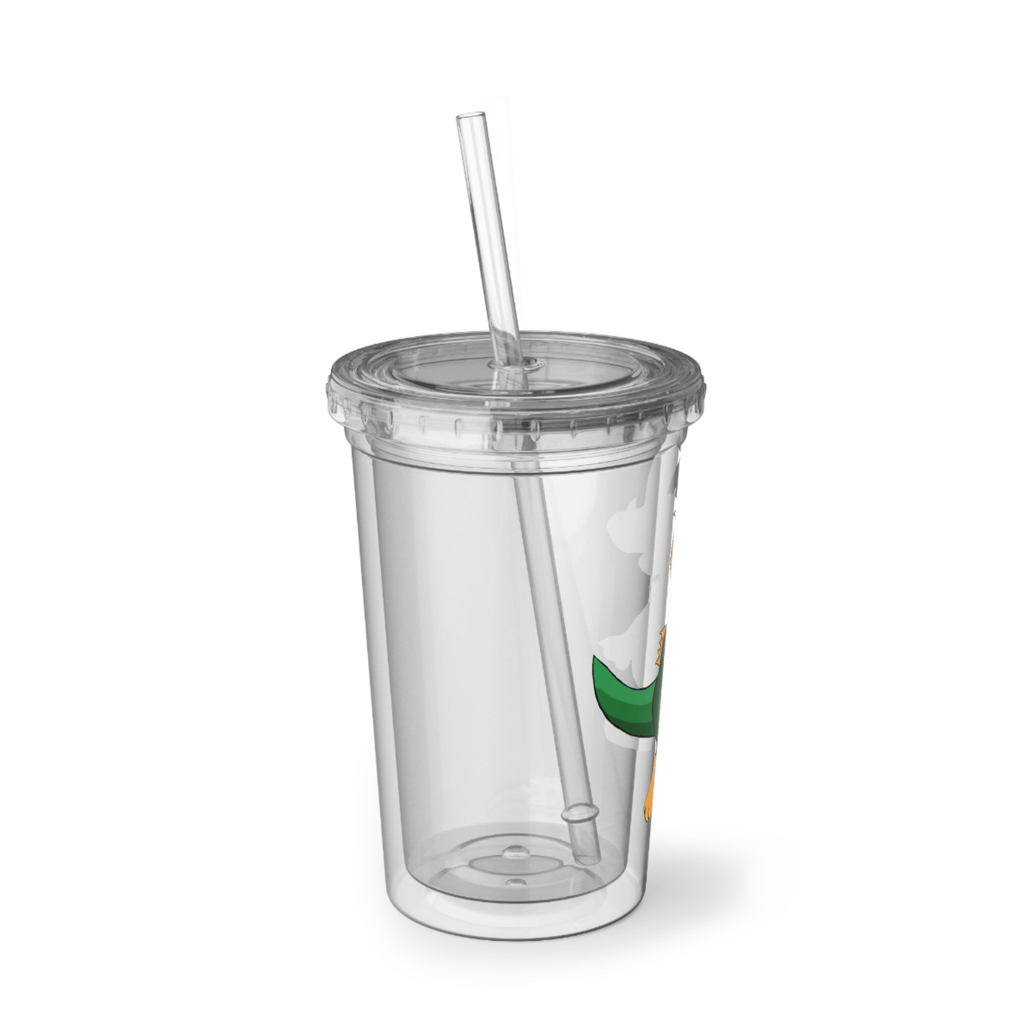 Leafasaur Suave Acrylic Cup in stainless steel with a black screw-on cap and a plastic straw, showcasing a customizable design.