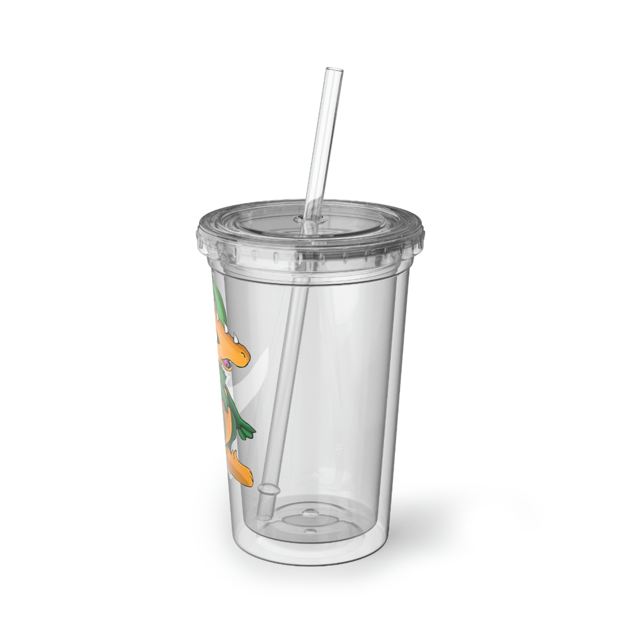 Leafasaur Suave Acrylic Cup in stainless steel with a black screw-on cap and a plastic straw, showcasing a customizable design.