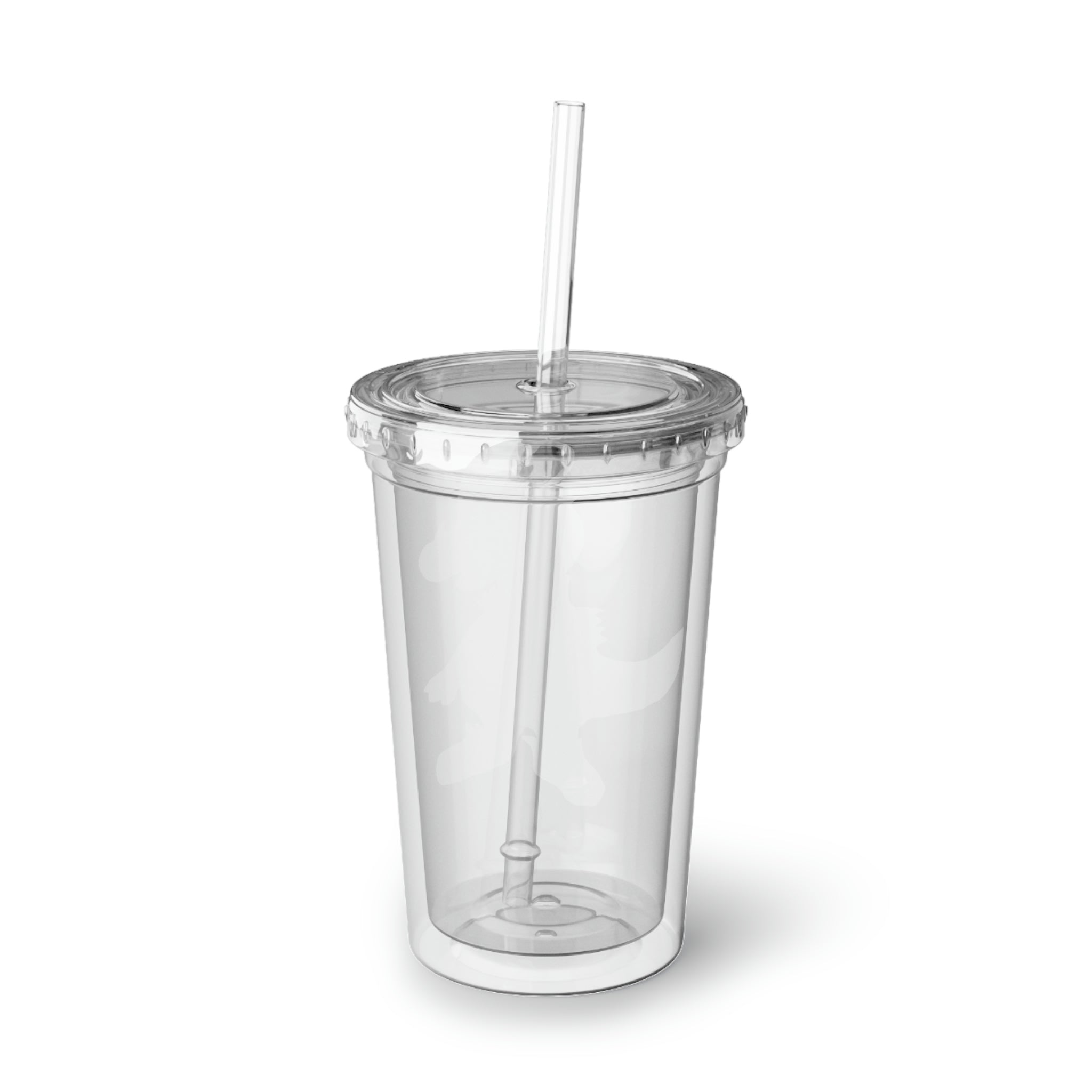 Leafasaur Suave Acrylic Cup in stainless steel with a black screw-on cap and a plastic straw, showcasing a customizable design.