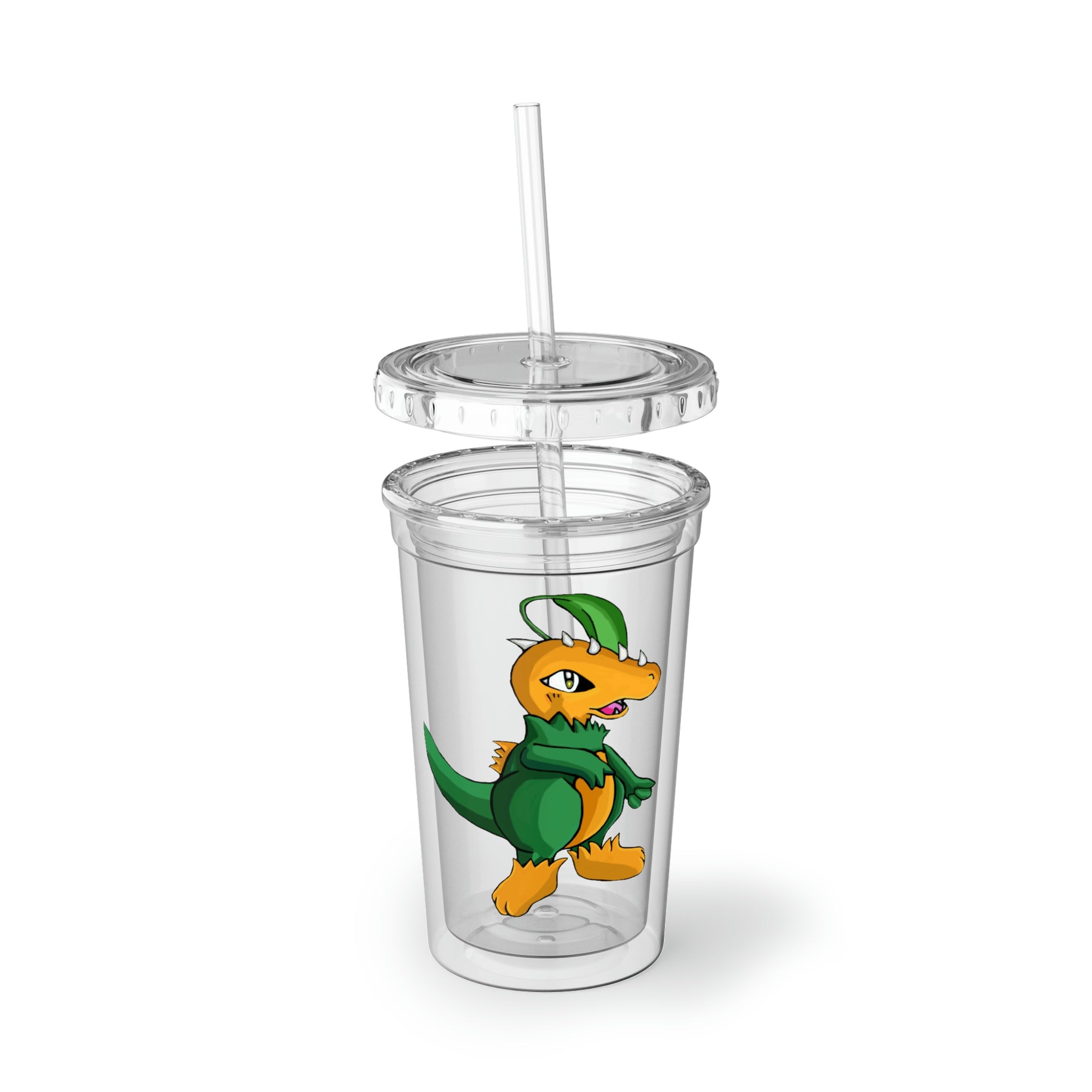 Leafasaur Suave Acrylic Cup in stainless steel with a black screw-on cap and a plastic straw, showcasing a customizable design.