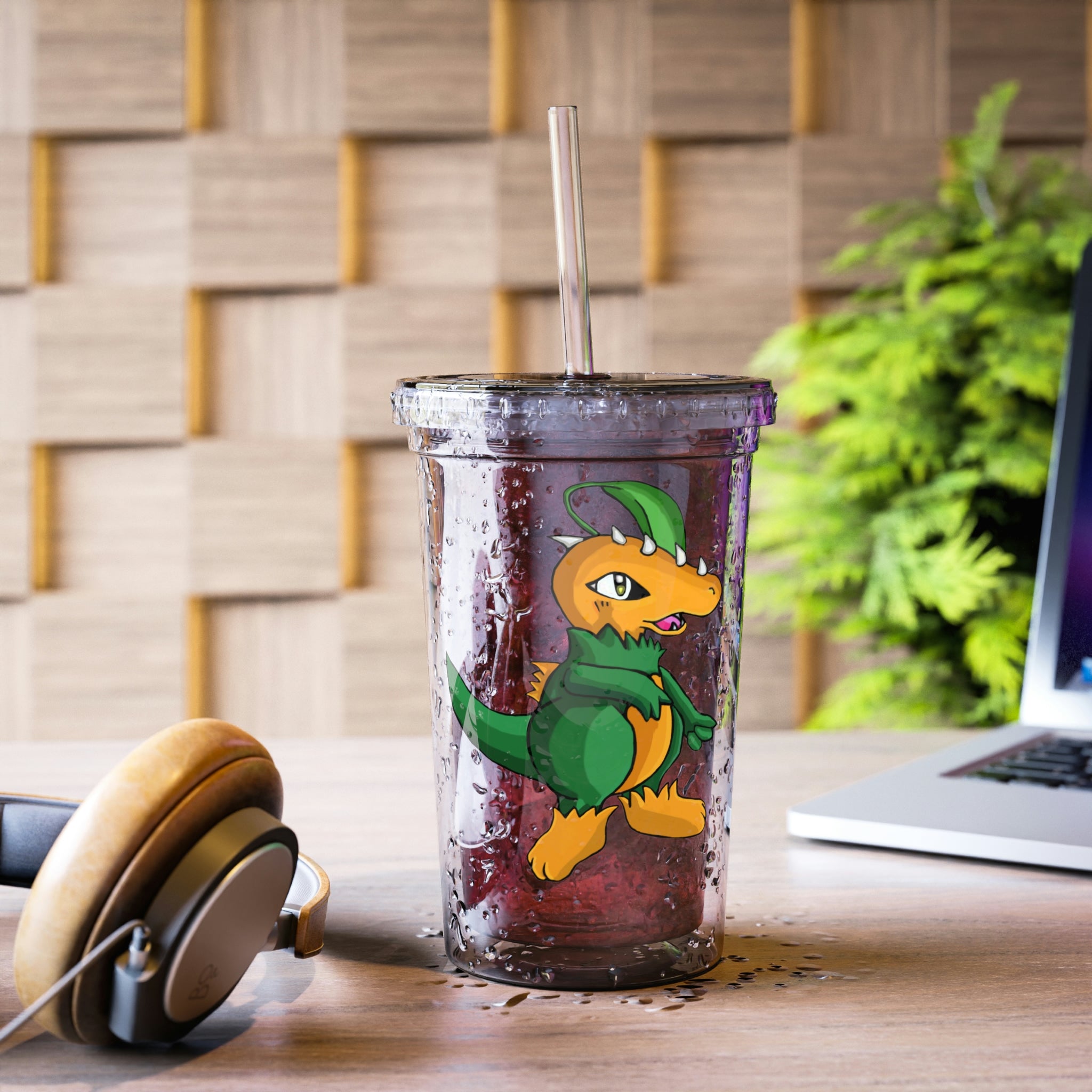 Leafasaur Suave Acrylic Cup in stainless steel with a black screw-on cap and a plastic straw, showcasing a customizable design.