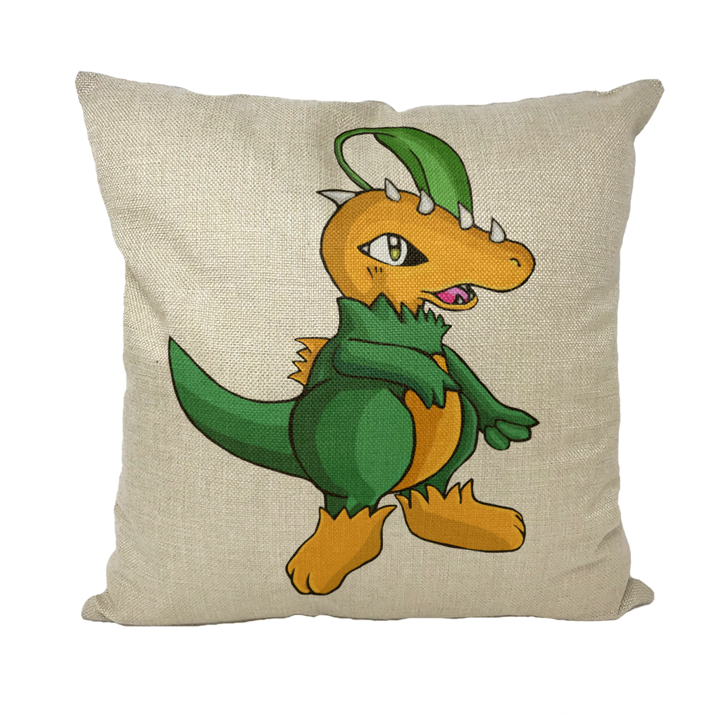 Leafasaur Throw Pillows in various styles including linen, canvas, and suede, showcasing vibrant colors and textures.