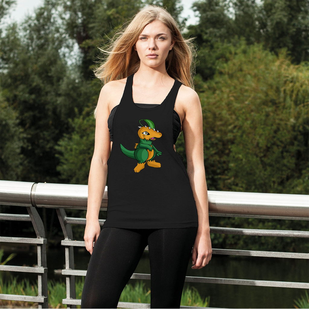 Leafasaur Women's Loose Racerback Tank Top in light grey, showcasing wide crew neck and extra-deep armholes for a trendy gym look.