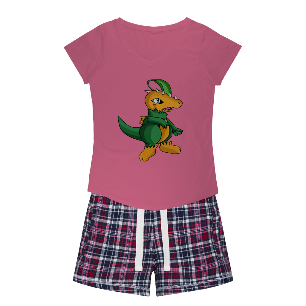 Leafasaur Women's Sleepy Tee and Flannel Short set featuring a relaxed fit T-shirt and vibrant flannel shorts, perfect for cozy nights.