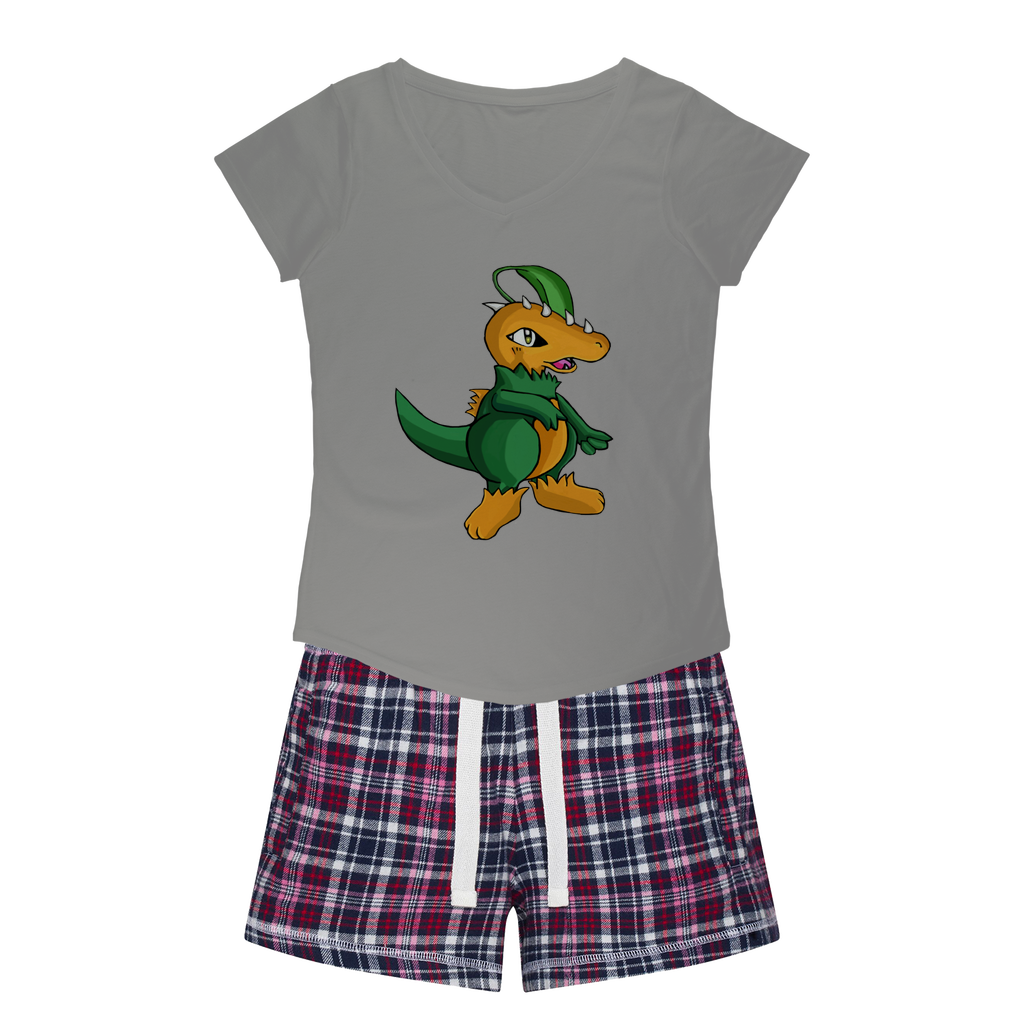 Leafasaur Women's Sleepy Tee and Flannel Short set featuring a relaxed fit T-shirt and vibrant flannel shorts, perfect for cozy nights.