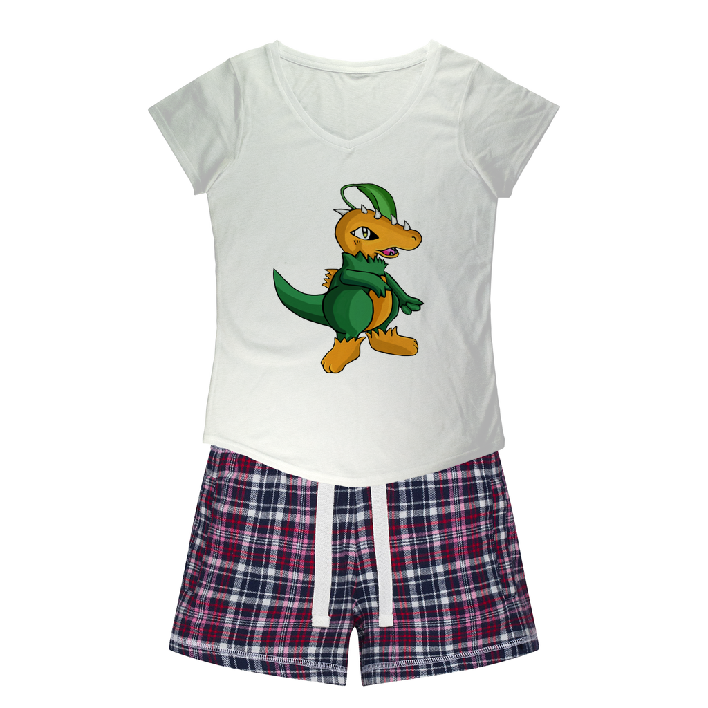 Leafasaur Women's Sleepy Tee and Flannel Short set featuring a relaxed fit T-shirt and vibrant flannel shorts, perfect for cozy nights.