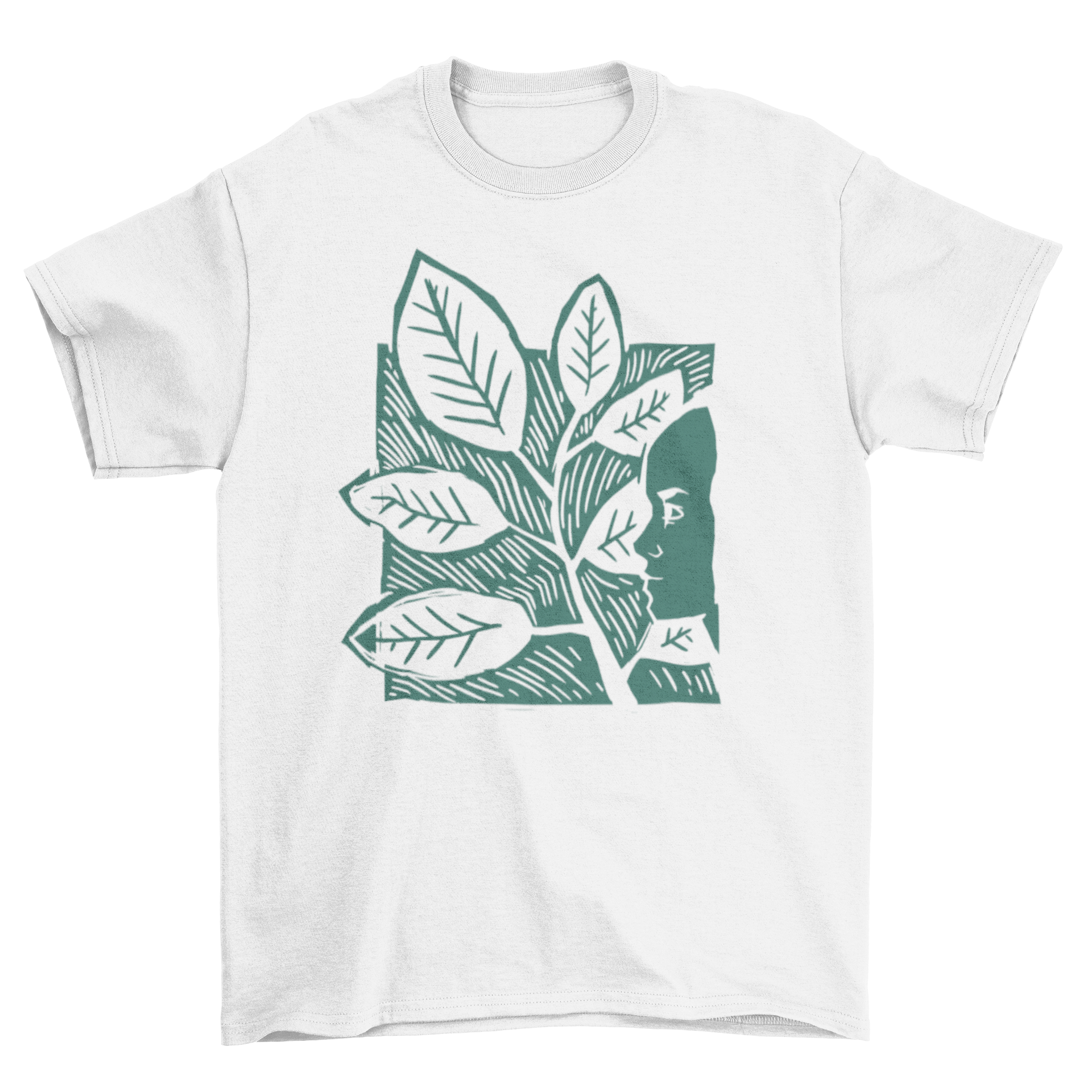 Leaves Woman T-shirt featuring a woman's face and a branch of leaves in a stylish design.