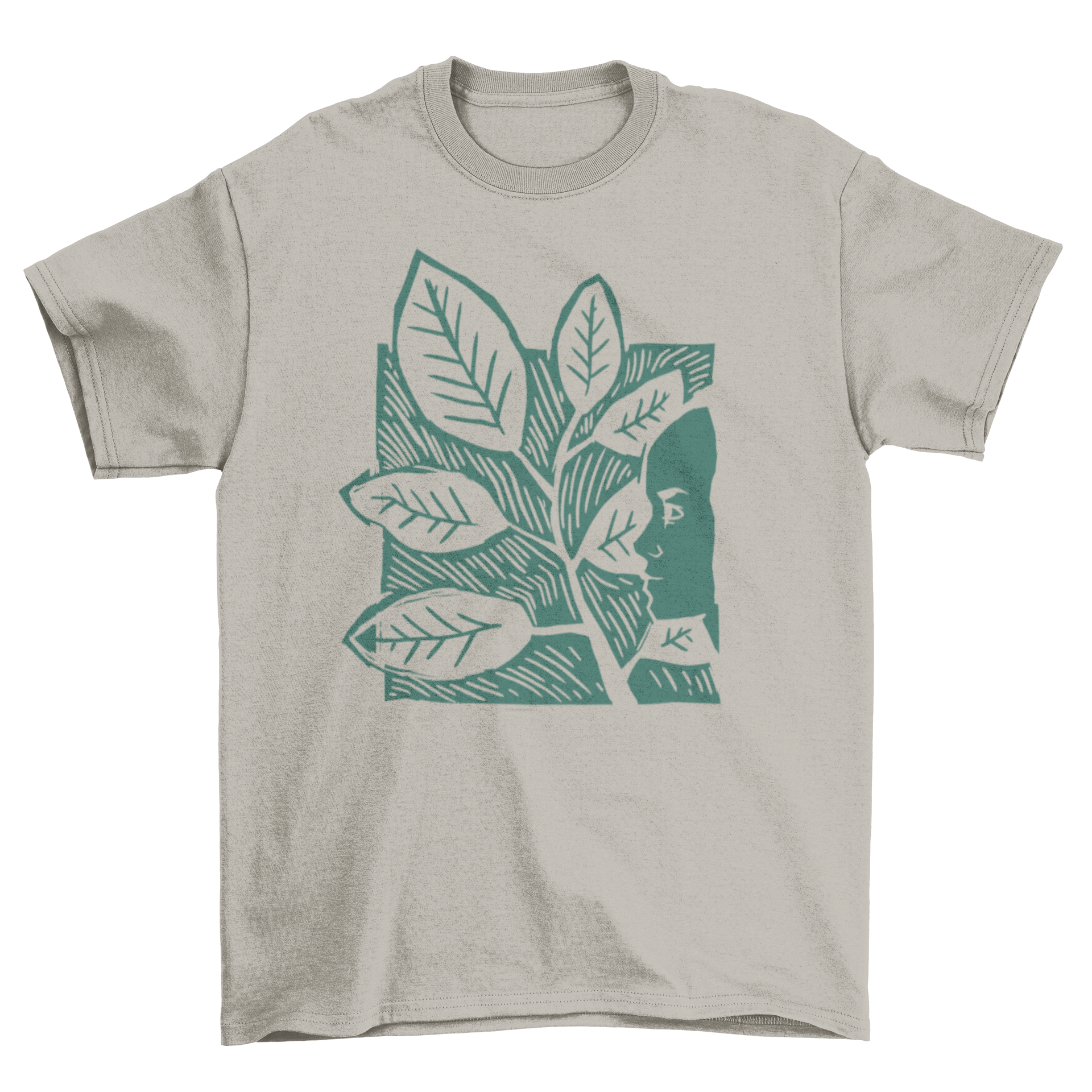 Leaves Woman T-shirt featuring a woman's face and a branch of leaves in a stylish design.