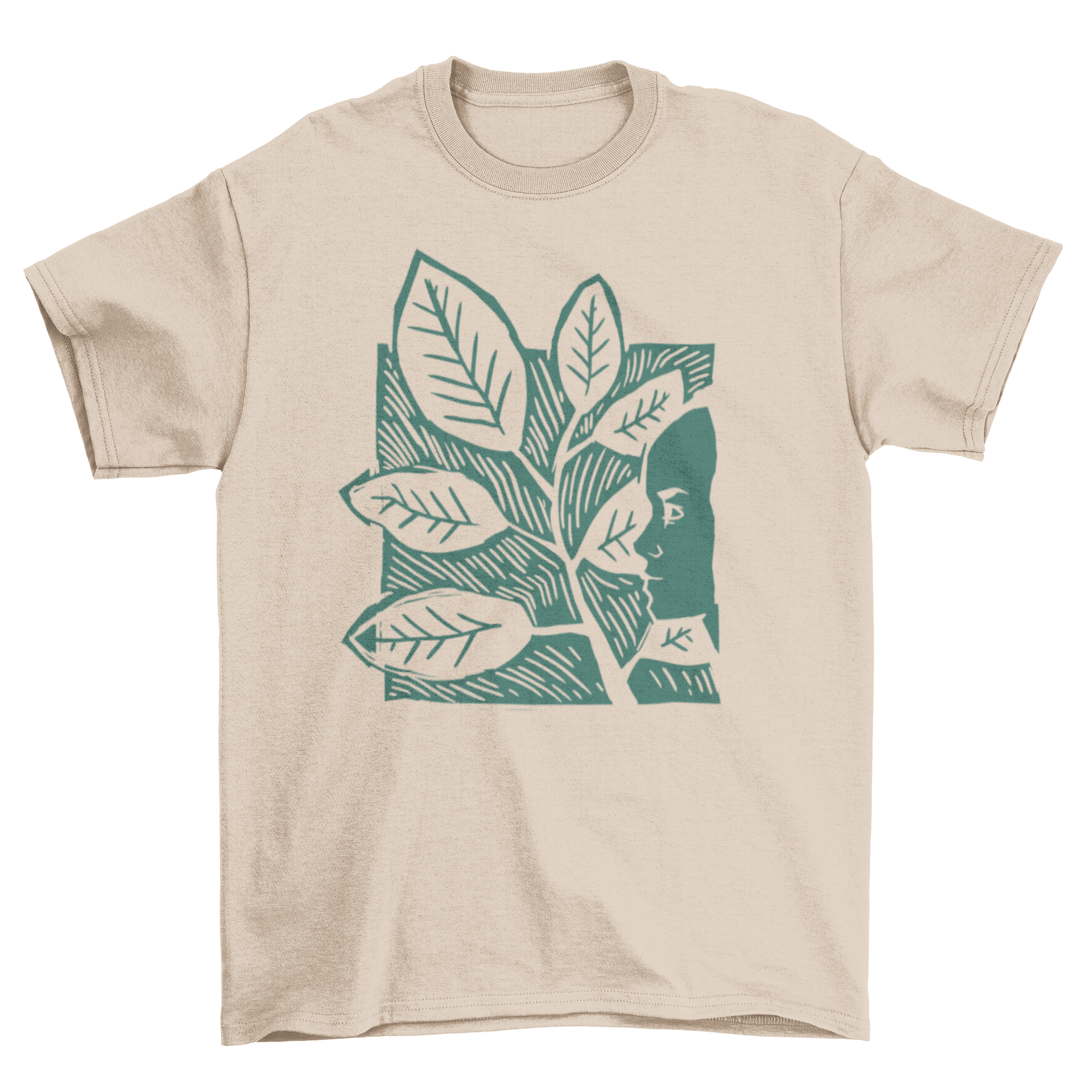 Leaves Woman T-shirt featuring a woman's face and a branch of leaves in a stylish design.