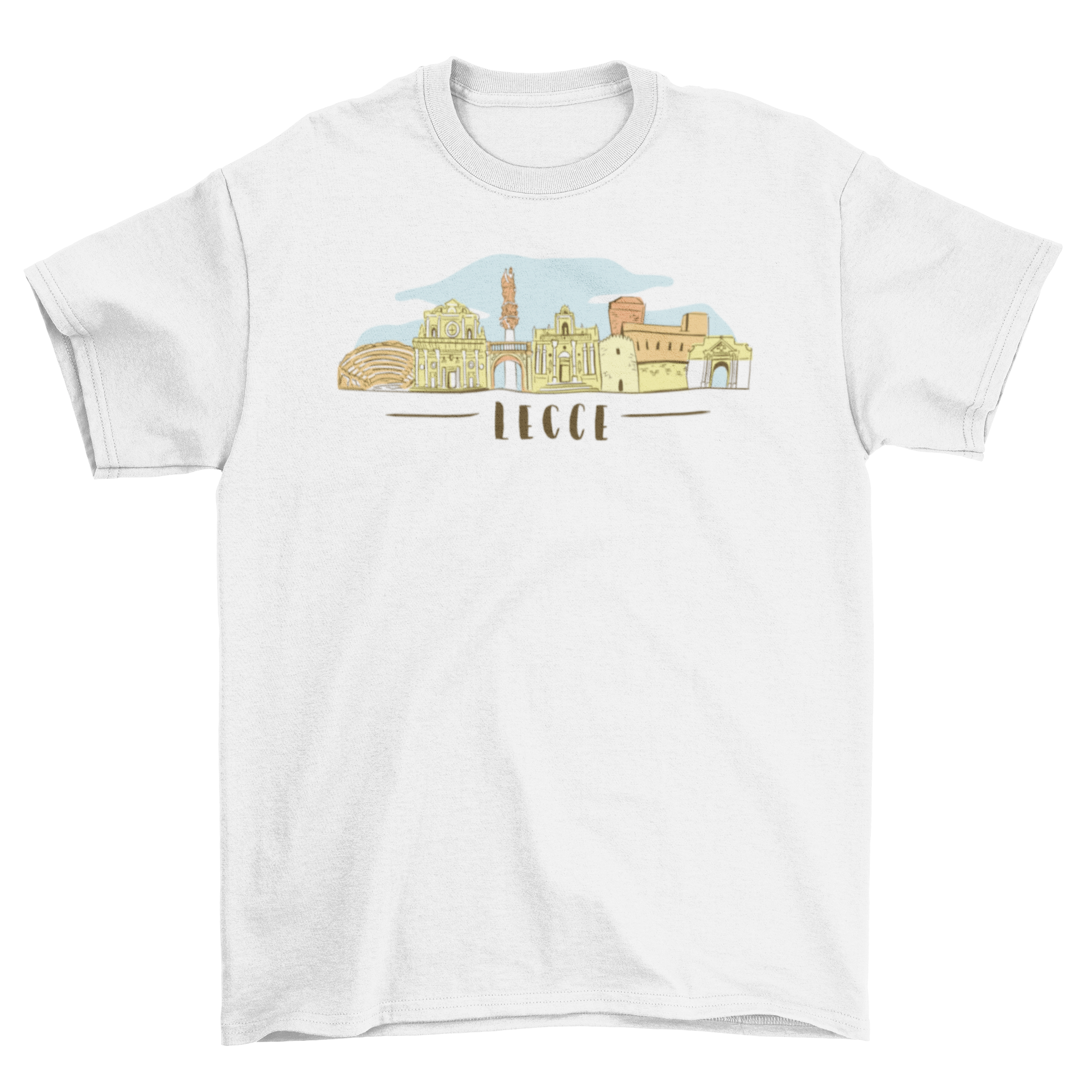 Lecce City Skyline T-shirt featuring a detailed skyline design of Lecce, Italy, on a soft fabric.