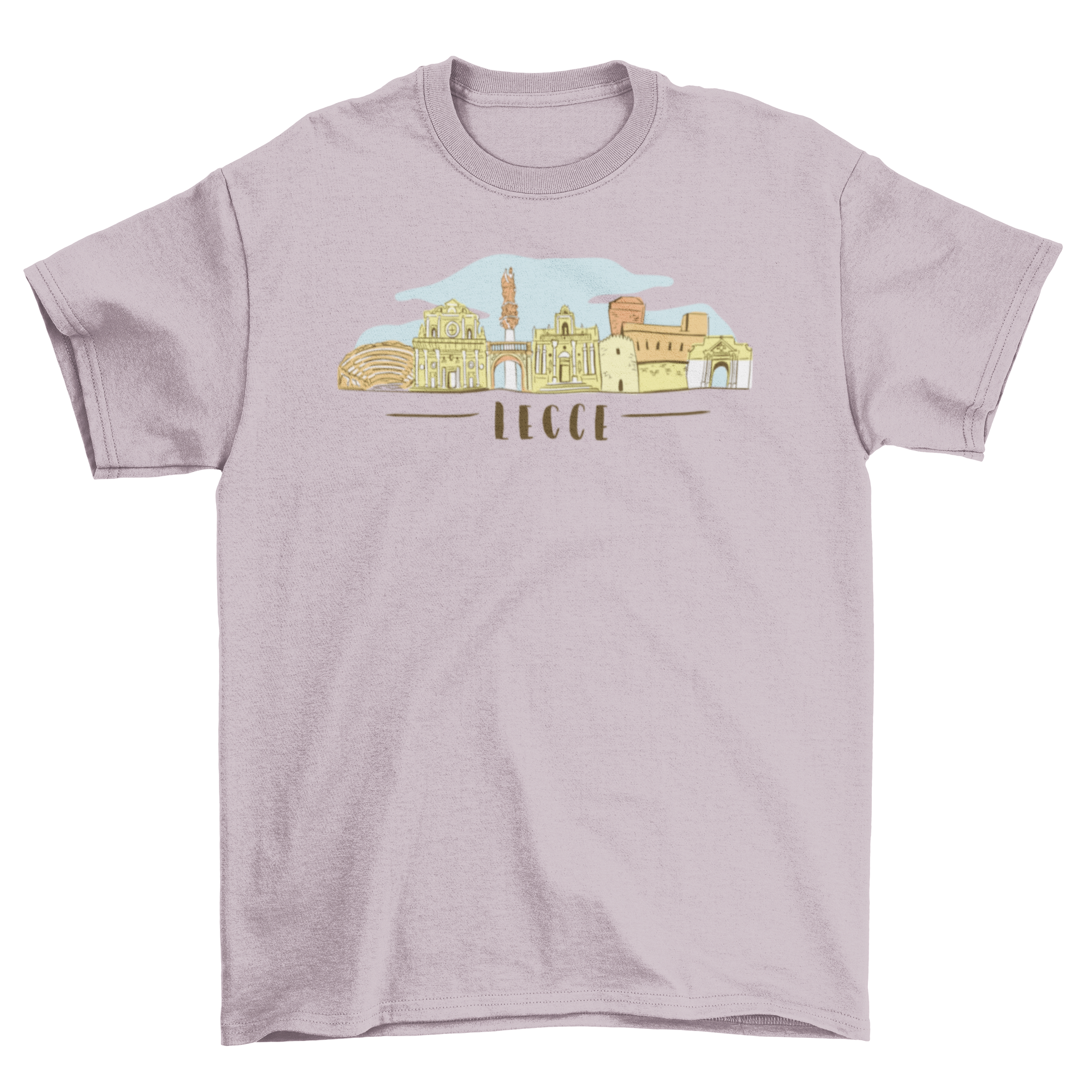 Lecce City Skyline T-shirt featuring a detailed skyline design of Lecce, Italy, on a soft fabric.