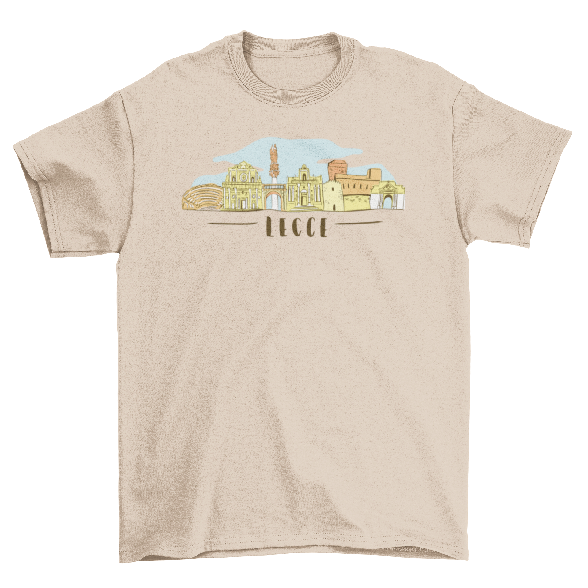 Lecce City Skyline T-shirt featuring a detailed skyline design of Lecce, Italy, on a soft fabric.