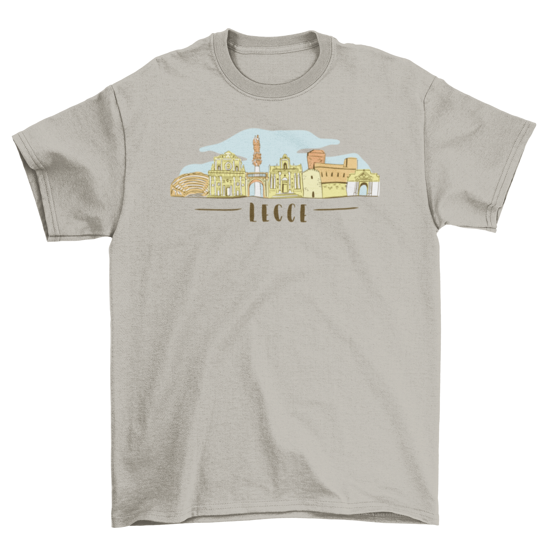 Lecce City Skyline T-shirt featuring a detailed skyline design of Lecce, Italy, on a soft fabric.