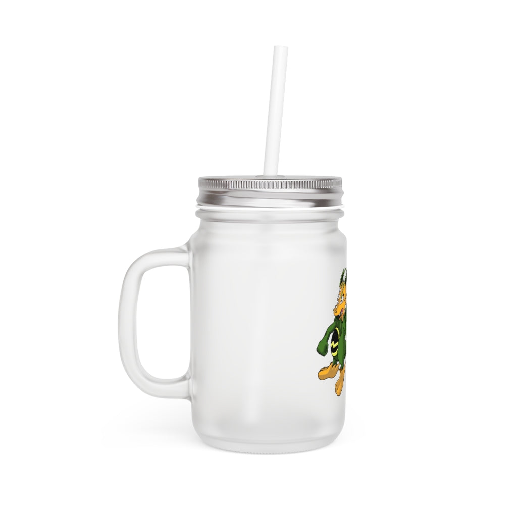 A stylish Ledino Mason Jar made of frosted glass, featuring a straw and lid, perfect for personalized drinks.