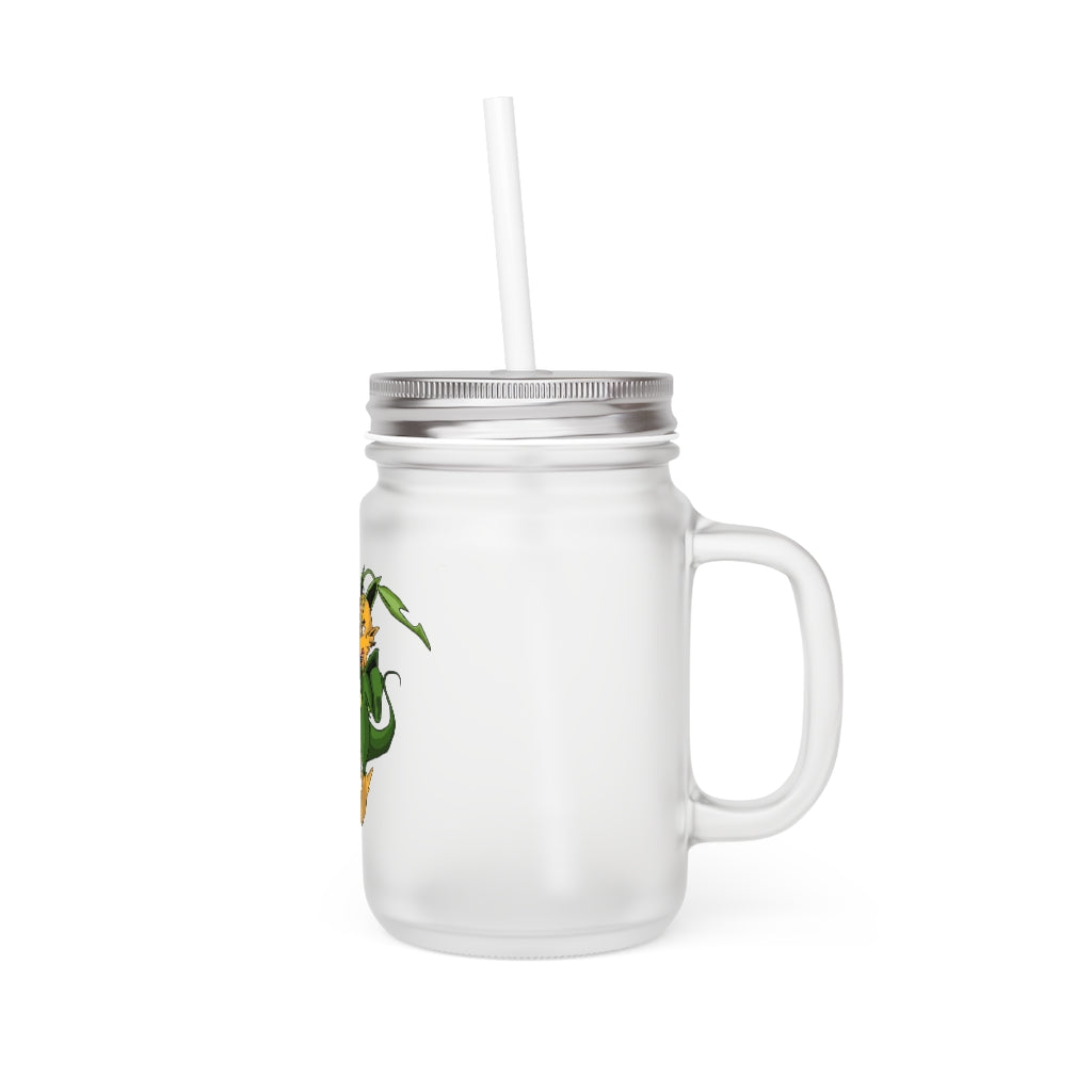 A stylish Ledino Mason Jar made of frosted glass, featuring a straw and lid, perfect for personalized drinks.