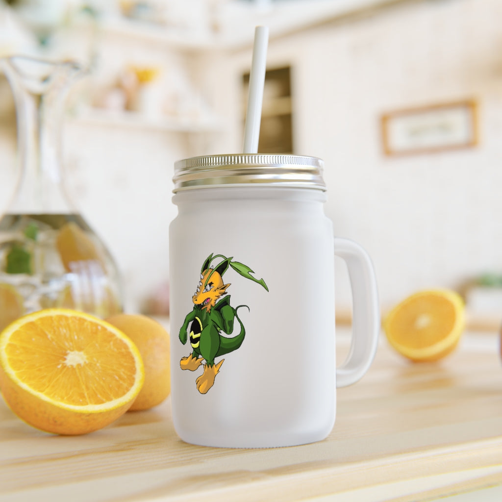 A stylish Ledino Mason Jar made of frosted glass, featuring a straw and lid, perfect for personalized drinks.