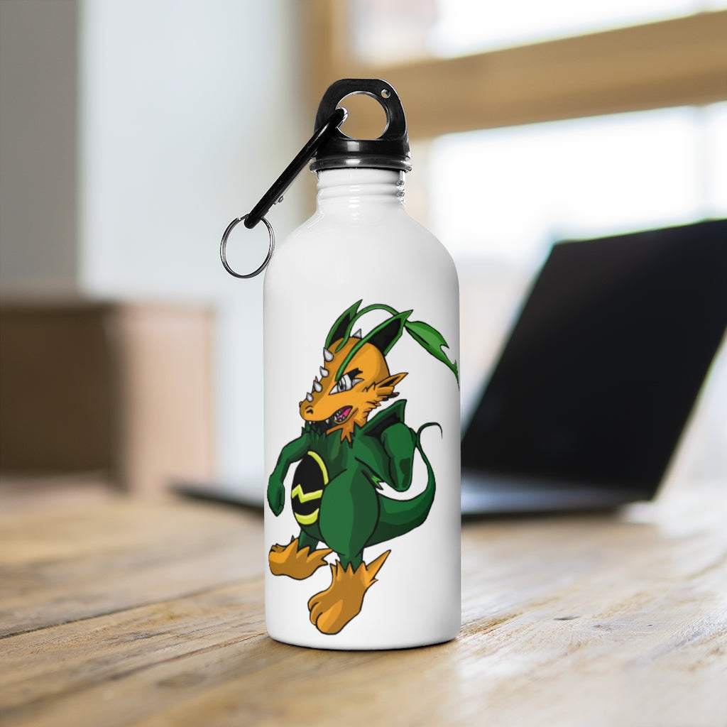 Ledino Stainless Steel Water Bottle with a plastic screw top and carabiner, showcasing its sleek design and vibrant print.