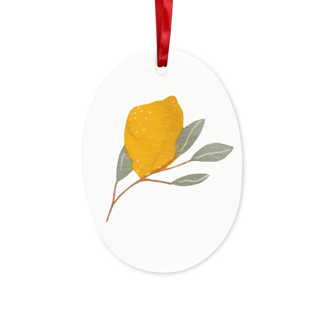 Lemon and Leaves Ceramic Hanging Ornament with red ribbon and gold string, beautifully designed for festive decor.