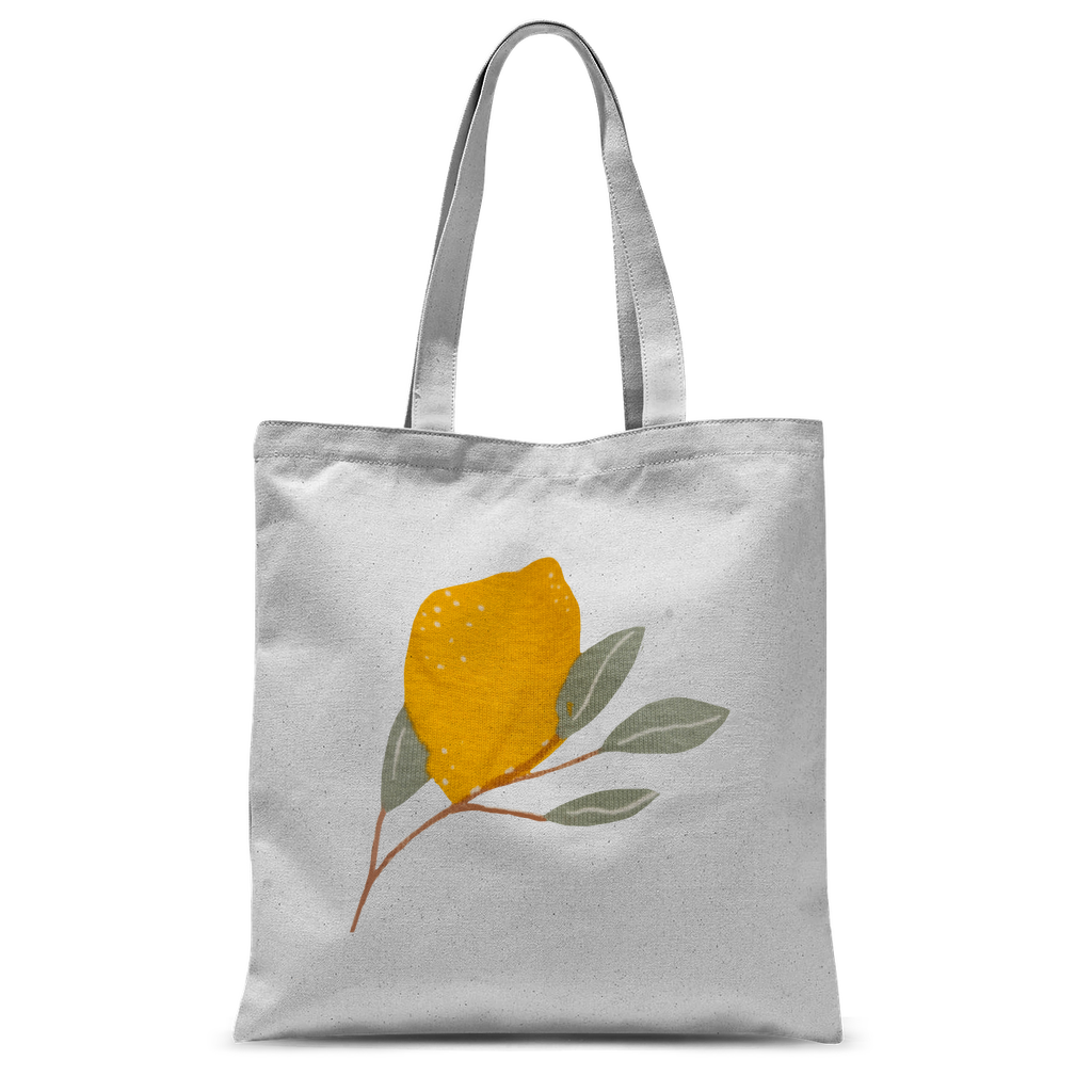 Lemon and Leaves Classic Sublimation Tote Bag featuring a vibrant lemon and leaves design, spacious size, and durable handles.