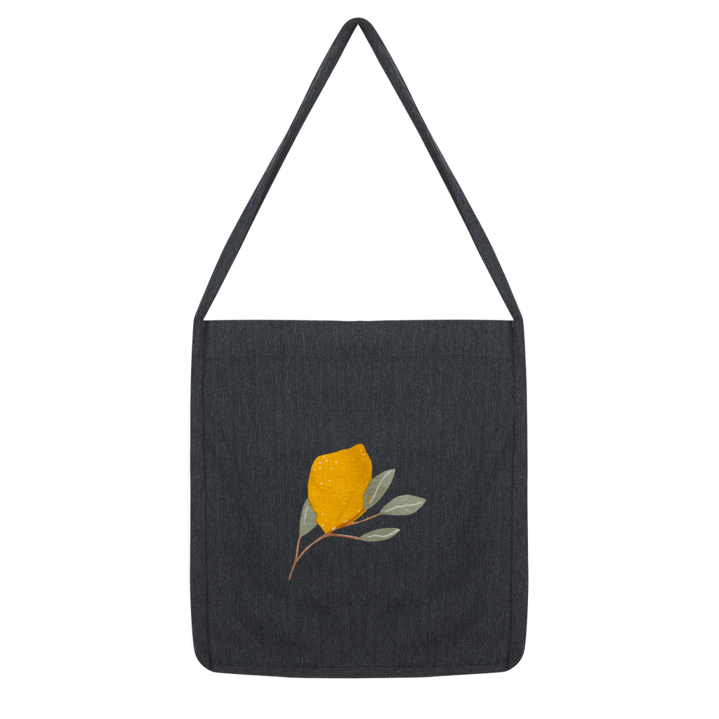 Lemon and Leaves Classic Tote Bag made from recycled materials, featuring a vibrant lemon and leaves design on durable woven twill fabric.