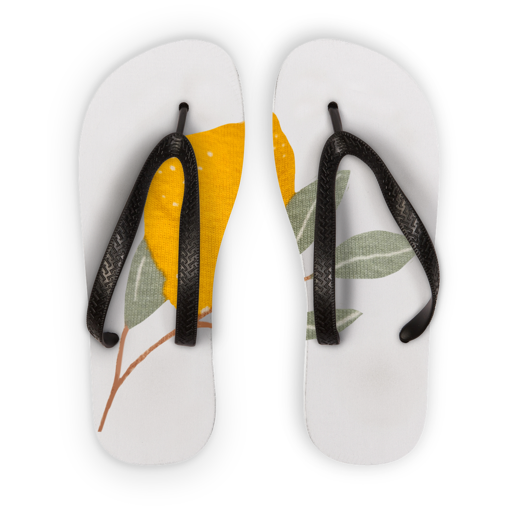 Colorful Lemon and Leaves Kids Flip Flops with black and orange straps, perfect for summer fun.