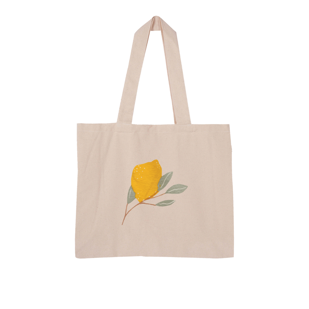 Lemon and Leaves Large Organic Tote Bag made from 100% organic cotton, featuring a vibrant lemon and leaves design with internal pockets.