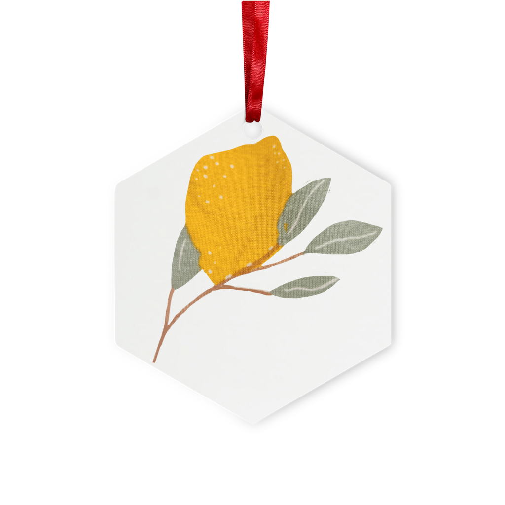 Lemon and Leaves Metal Hanging Ornament in hexagon and star shapes, featuring a glossy white finish and red ribbon for hanging.