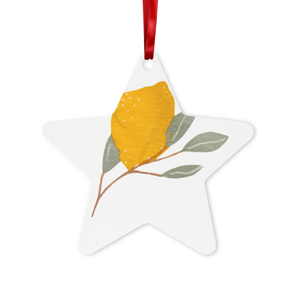 Lemon and Leaves Metal Hanging Ornament in hexagon and star shapes, featuring a glossy white finish and red ribbon for hanging.