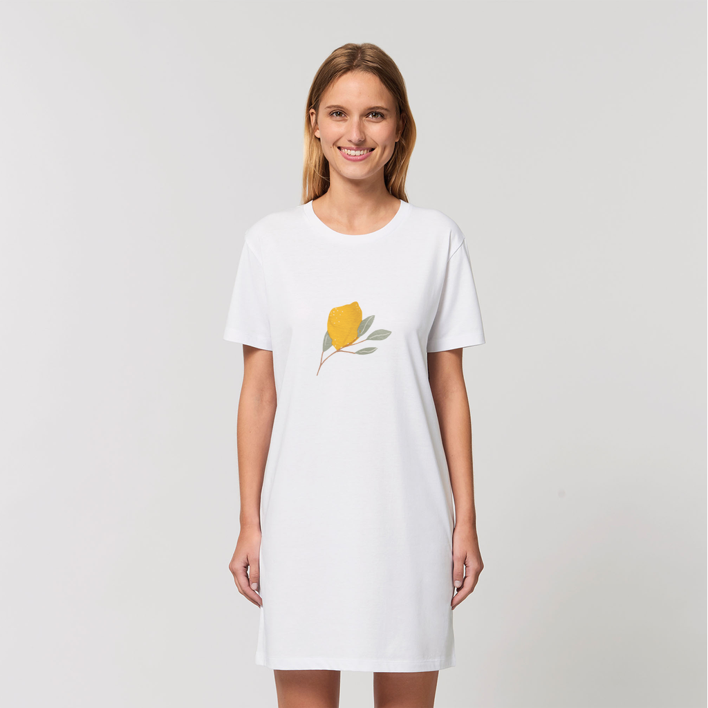 Lemon and Leaves Organic T-Shirt Dress made from 100% organic cotton, featuring a stylish lemon and leaves print.