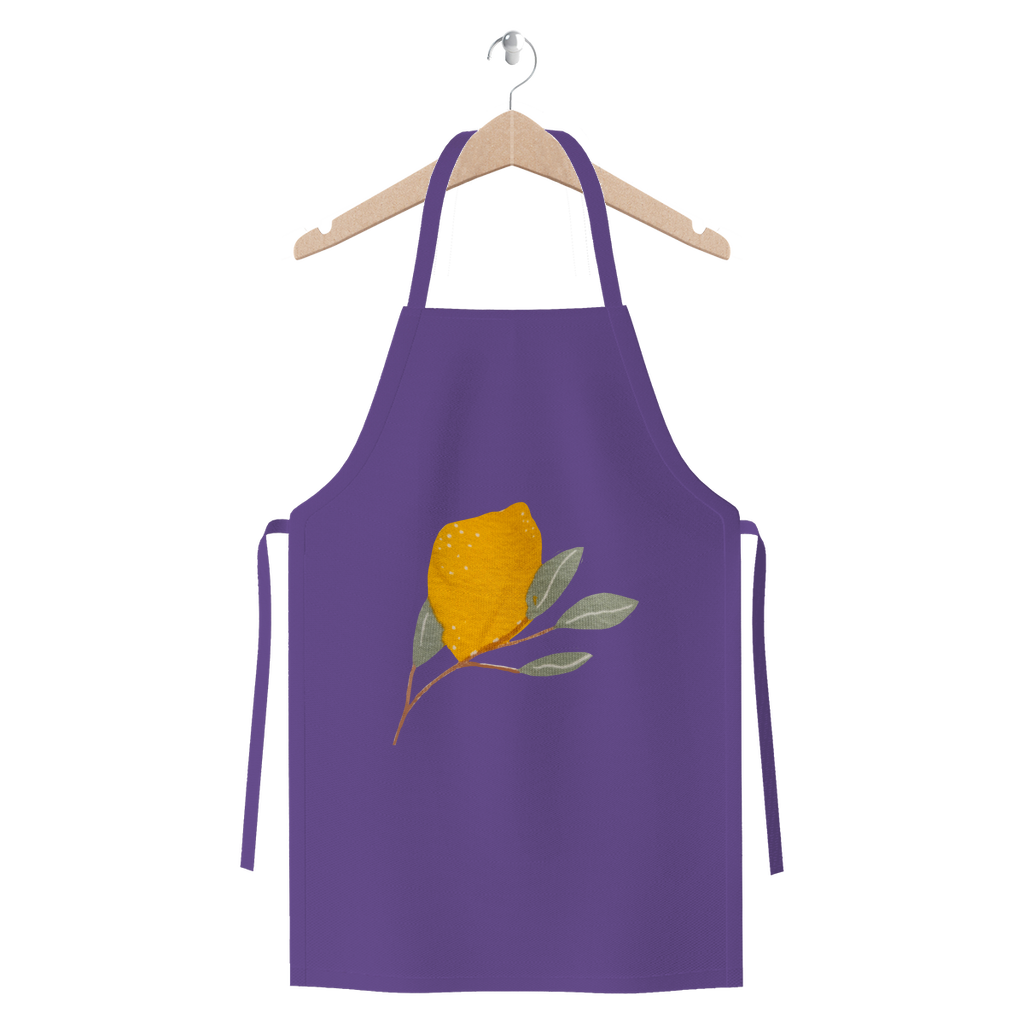 Lemon and Leaves Premium Jersey Apron made of heavyweight cotton twill, featuring self-fabric ties and available in various colors.