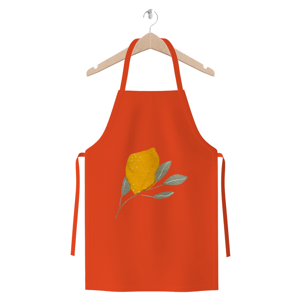 Lemon and Leaves Premium Jersey Apron made of heavyweight cotton twill, featuring self-fabric ties and available in various colors.