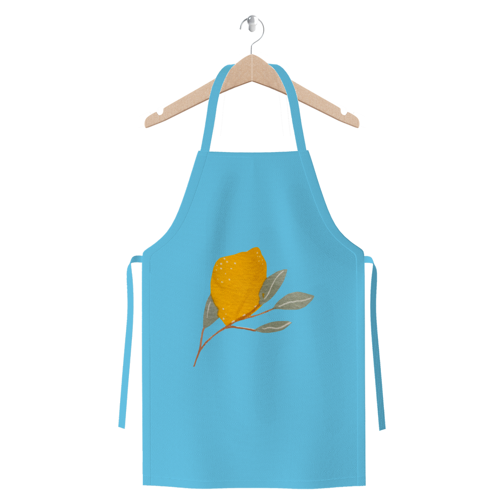 Lemon and Leaves Premium Jersey Apron made of heavyweight cotton twill, featuring self-fabric ties and available in various colors.