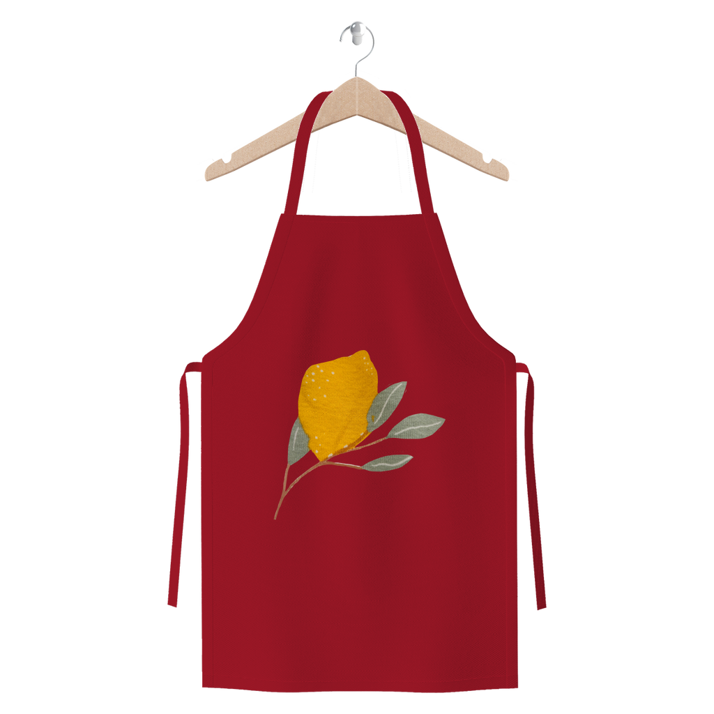 Lemon and Leaves Premium Jersey Apron made of heavyweight cotton twill, featuring self-fabric ties and available in various colors.