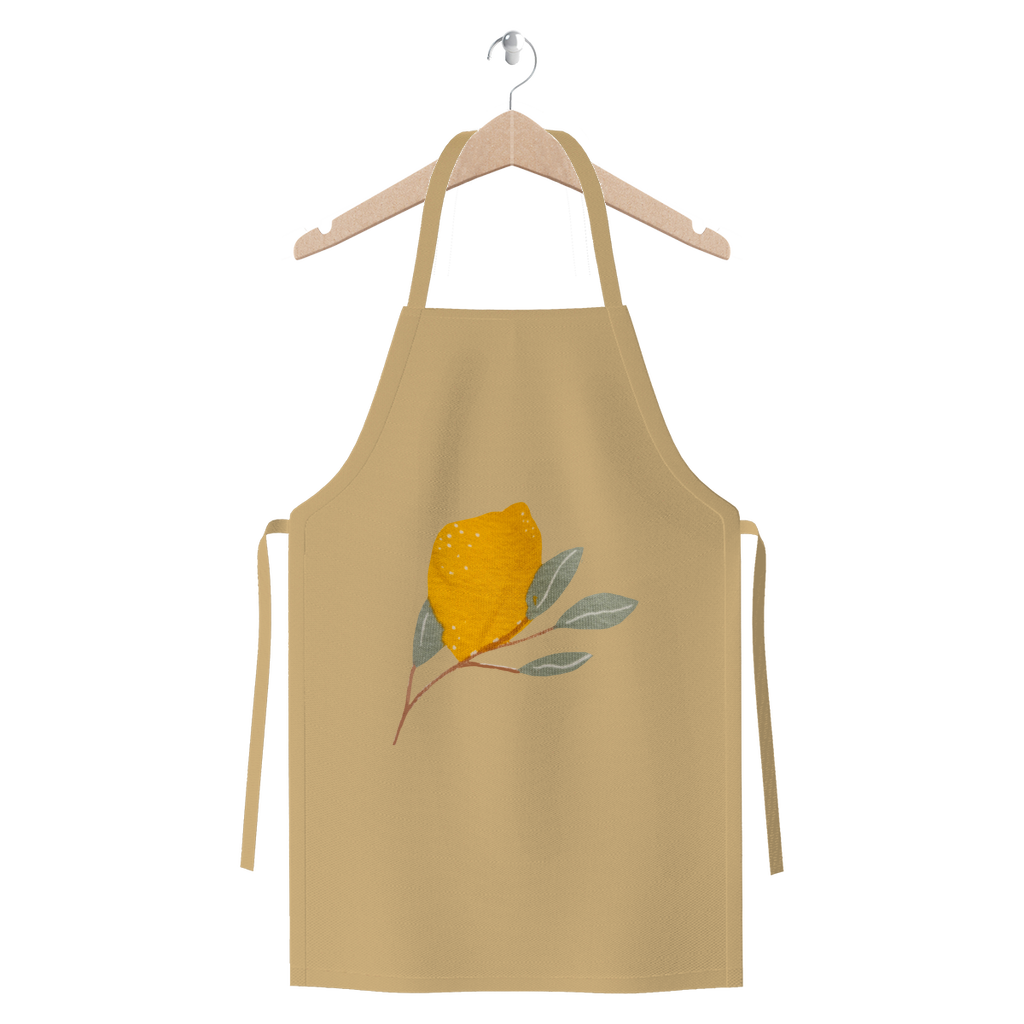 Lemon and Leaves Premium Jersey Apron made of heavyweight cotton twill, featuring self-fabric ties and available in various colors.