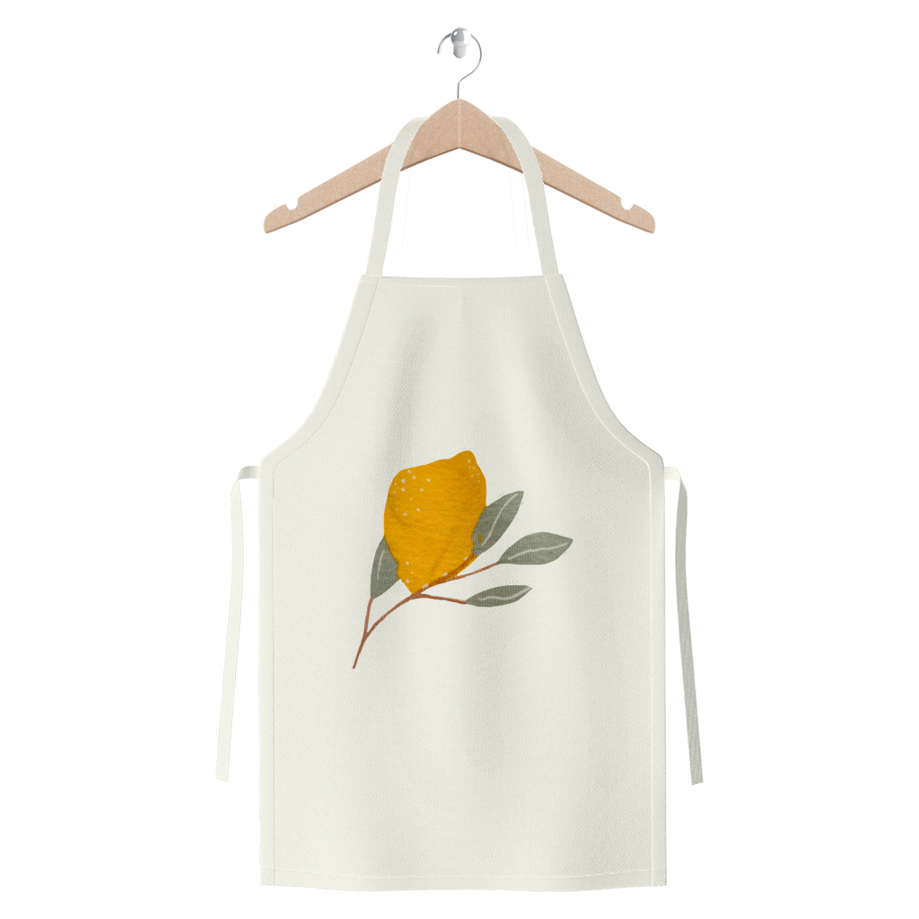 Lemon and Leaves Premium Jersey Apron made of heavyweight cotton twill, featuring self-fabric ties and available in various colors.