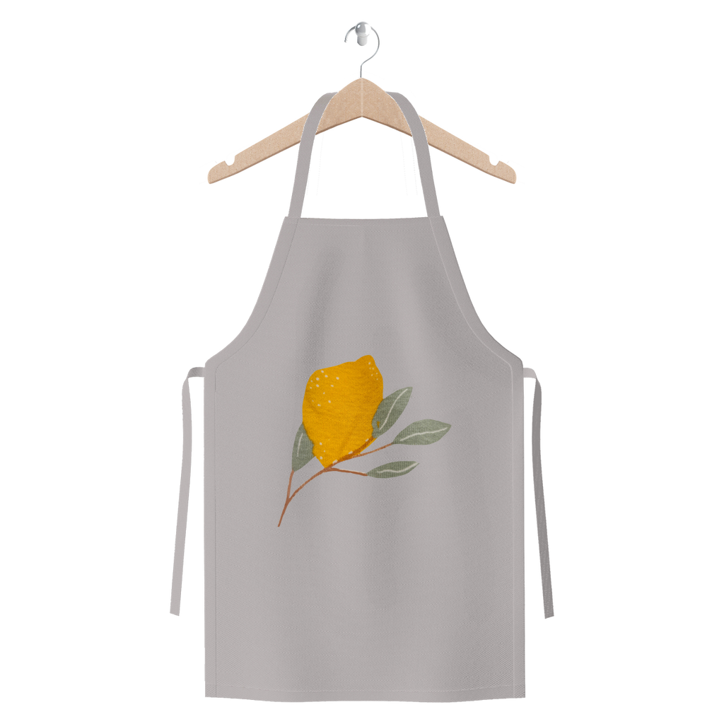 Lemon and Leaves Premium Jersey Apron made of heavyweight cotton twill, featuring self-fabric ties and available in various colors.