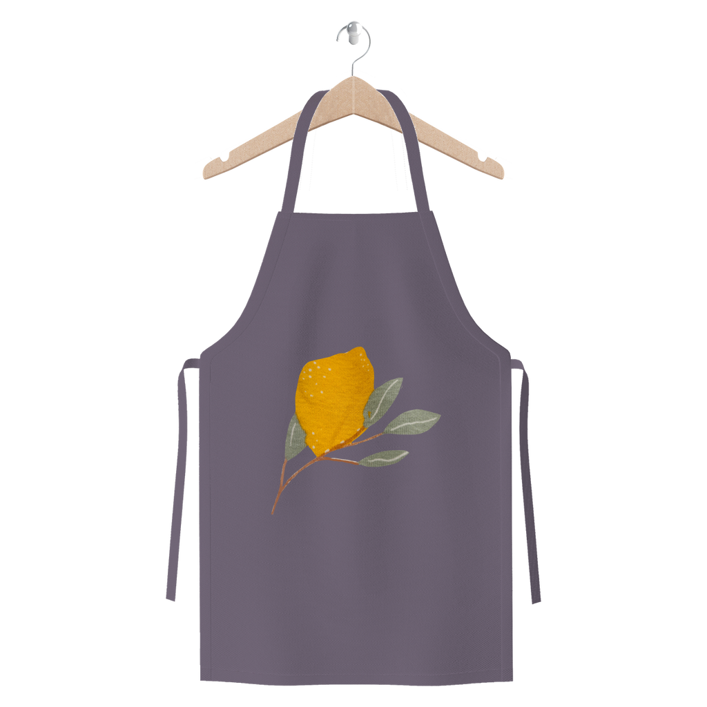 Lemon and Leaves Premium Jersey Apron made of heavyweight cotton twill, featuring self-fabric ties and available in various colors.