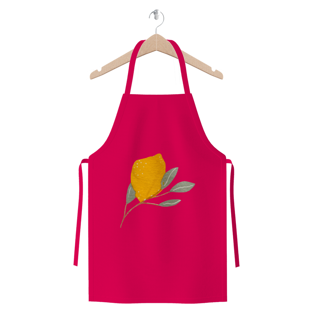 Lemon and Leaves Premium Jersey Apron made of heavyweight cotton twill, featuring self-fabric ties and available in various colors.