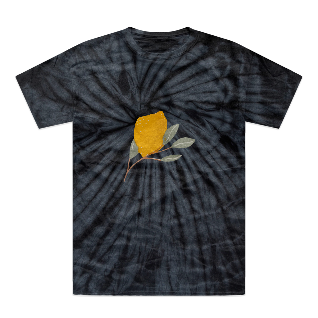 Lemon and Leaves Tonal Spider Tie-Dye T-Shirt showcasing vibrant colors and unique patterns, made from heavyweight cotton.